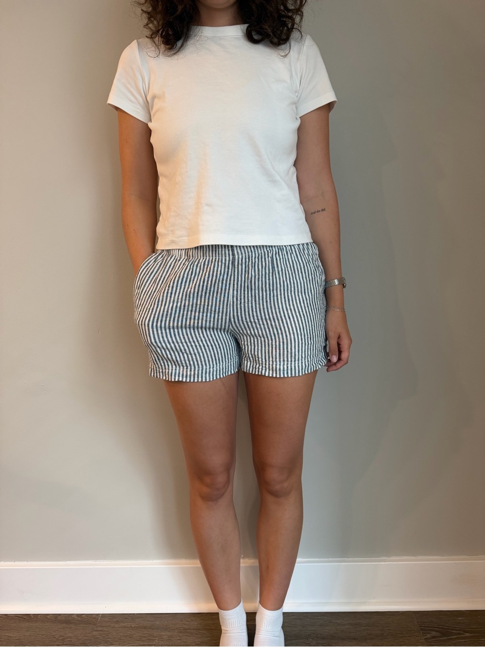 Old Navy Blue and White Striped Elastic-Waist Shorts